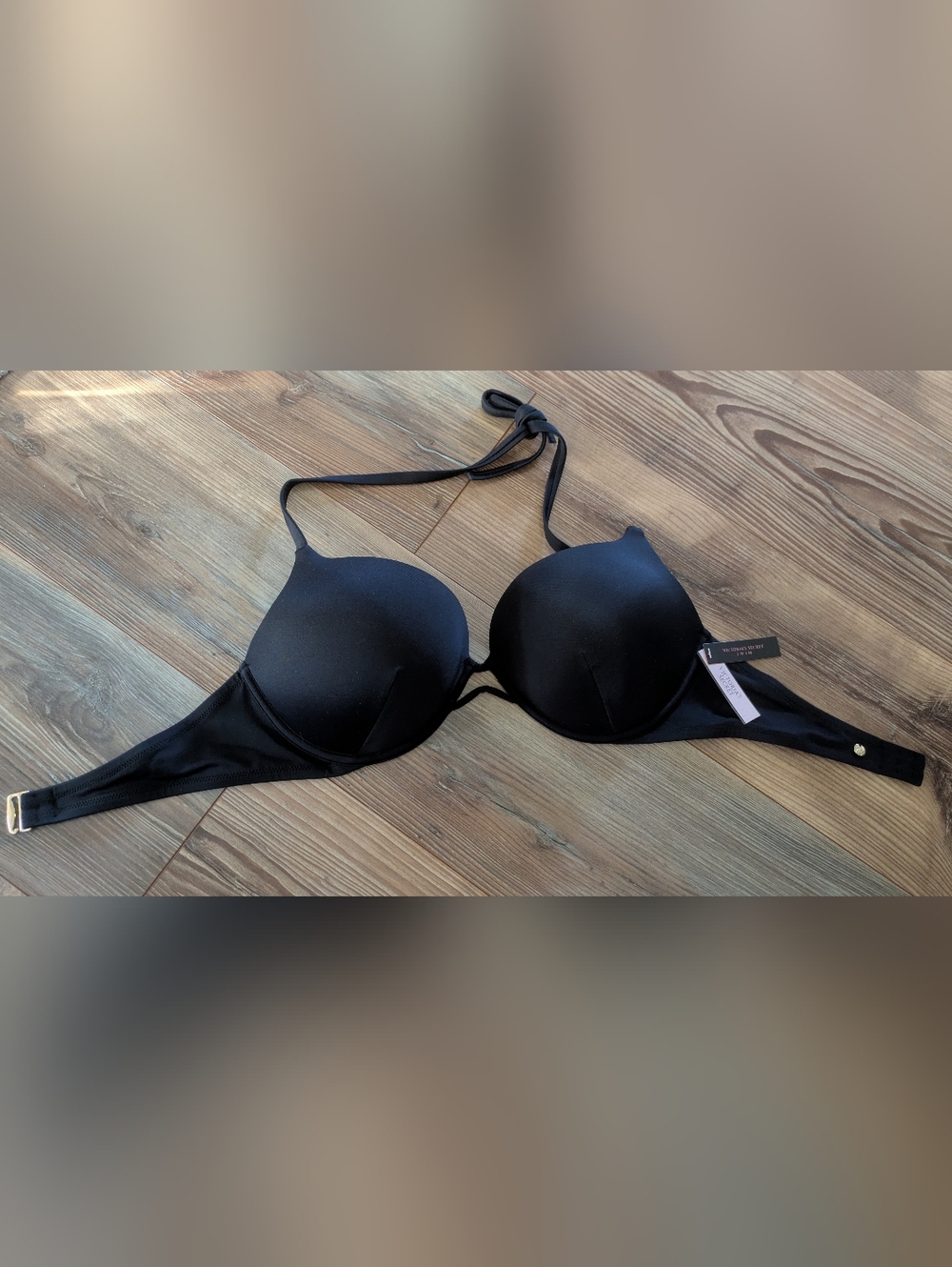 Victoria's Secret VS Swim Bombshell Push Up Halter Solid Black Bikini Top 38C